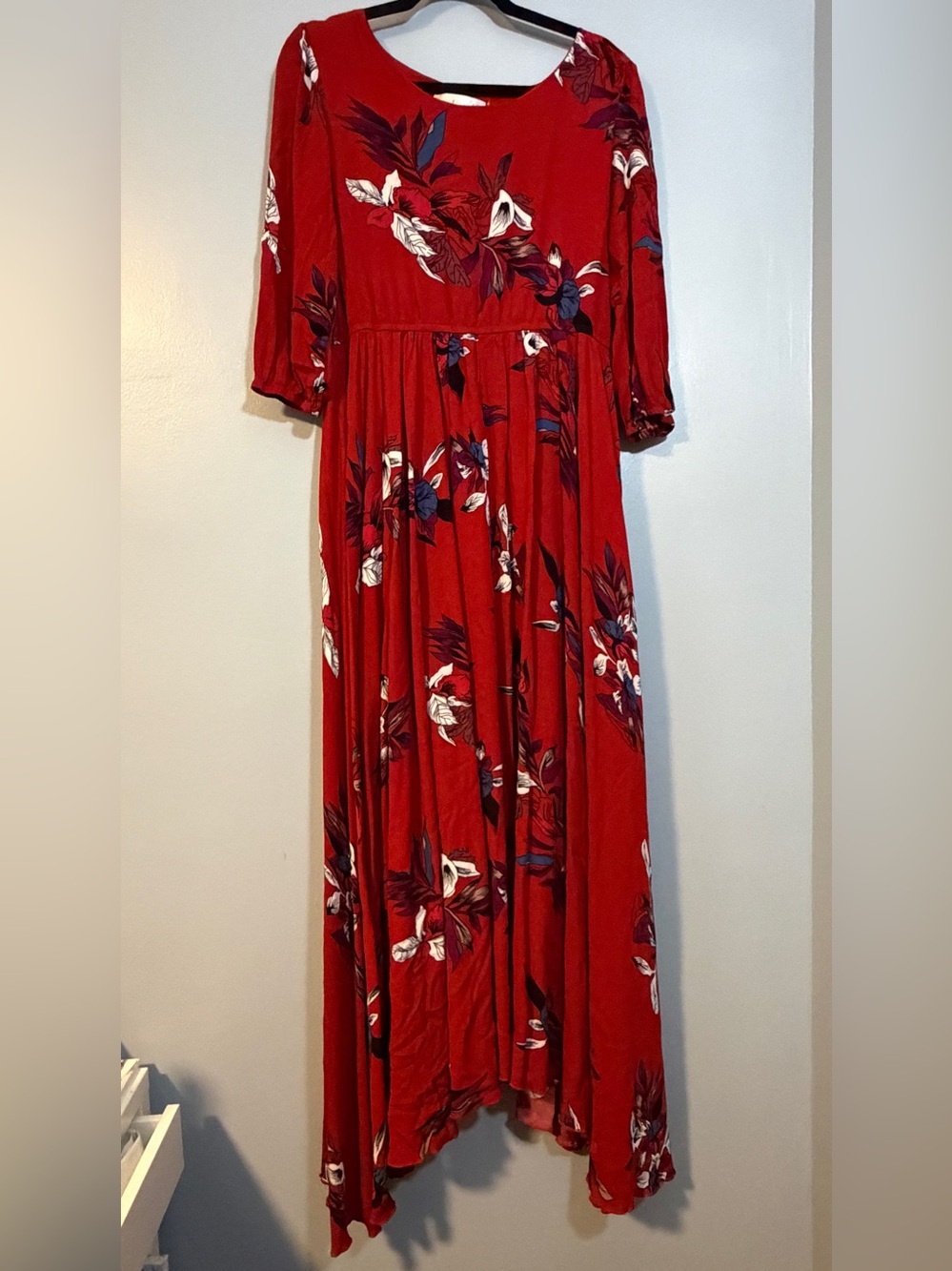Chicwish Red Floral Maxi Dress with Navy & White Accents